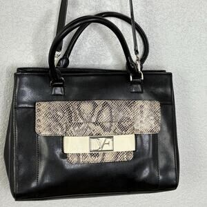 DVF Diane Von Furstenberg Leather Tote Bag Snake Skin Embossed Roccia Black